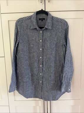 Quince Navy and White Chambray Vertical Stripe Linen Button Shirt Size Small